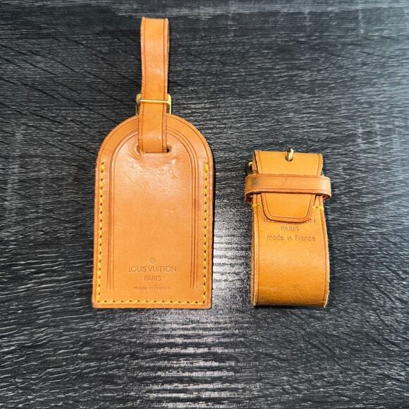 Authentic Louis Vuitton Vachetta Leather Name Luggage Tag And Poignet Set SN921 - Picture 1 of 7